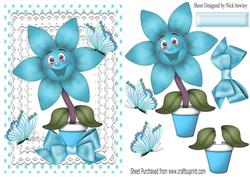 Happy Little Turq Flower with Butterflies and Bow