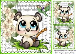 Cute Panda, Little Dragonfly Flowers, and Toppers 8x8