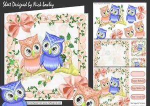 Cute Pair of Owls Peach on a Branch of Flowers 8x8 Mini Kit