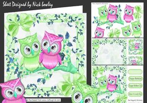Cute Pair of Owls Green on a Branch of Flowers 8x8 Mini Kit