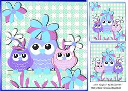 Owl Family in Purple with Flowers 8x8