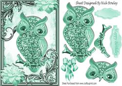 Turq Sparkle Owl with Flowers in Ornate Frame