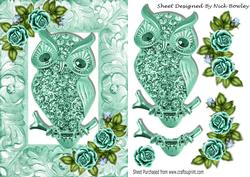 Turq Sparkle Owl with Turq Roses in Ornate Frame