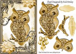 Gold Sparkle Owl with Gold Flowers in Ornate Frame