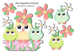 Owl Family in Peach with Flowers A4