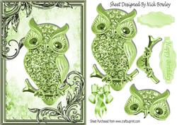 Green Sparkle Owl with Flowers in Ornate Frame