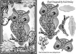 Silver Sparkle Owl with Flowers in Ornate Frame