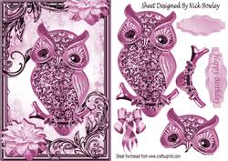 Pink Sparkle Owl with Flowers in Ornate Frame
