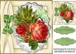 Beautiful Vintage Red Roses on Lace with Bow 8x8