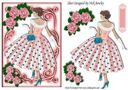 Pretty Lady in Polka Dot Dress with Pink Roses
