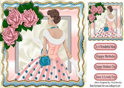 Lovely Lady in Polkadot Blue Dress with Pink Roses 8x8