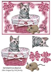 Cute Kitty in the Basket with Toy Mouse & Bows