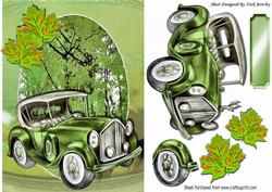 Autumn Run Lovely Vintage Green Car with Leaves