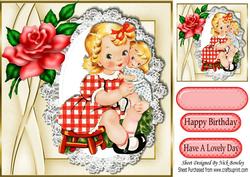 Little Girl Cuddling Her Dolly on Lace with Rose 8x8