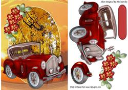 Red Vintage Car, in Autumn Shades with Flowers