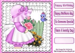 Little Bonnet Girl with Flowers & Little Bird 8x8