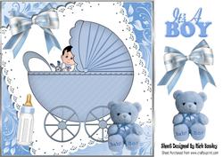 Baby Boy in Blue Pram on Lace with Bow 8x8