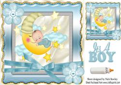 Sleepy Baby Boy with Moon and Stars with Bow 8x8