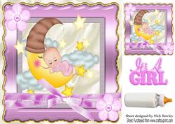 Sleepy Baby Girl with Moon and Stars and Bow 8x8