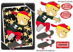 No Fear! Boy in Red on Skateboard with Gold Stars