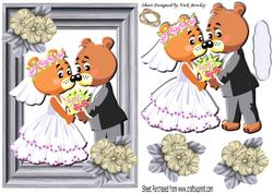 Cute Bears Wedding with Flowers in Silver Frame