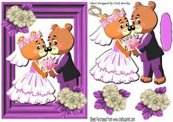 Cute Bears Wedding with Flowers in Pink Frame