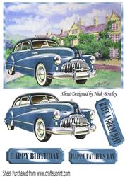 Vintage Buick Blue Automobile with Mansion