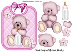 Gorgeous Little Pink Bear on a Bib Holding Bottle