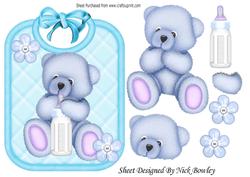 Gorgeous Little Blue Bear on a Bib Holding a Bottle