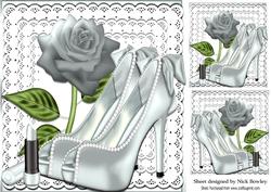 Pretty Silver and Pearl Shoes on Lace with Rose 8x8