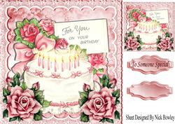 Pretty Birthday Cake with Pink Roses & Bow 8x8