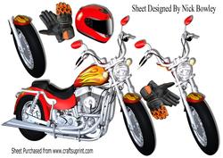 Customized, Motorbike with Flames , Helmet and Gloves A4