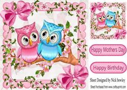 Cute Pink/blue Owls on a Branch with Blossoms 8x8