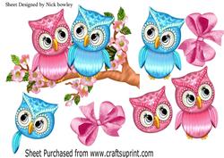 Cute Pink/blue Owls on a Branch with Blossoms A4