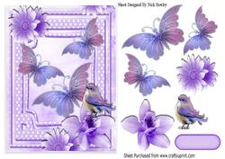 Pretty Lilac Butterflies, Flowers and Bird