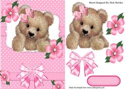 Cute Fuzzy Bear with Pink Bow and Flowers