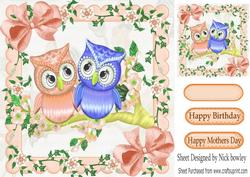 Cute Little Peach/blue Owls on a Branch with Blossoms 8x8