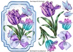 Pretty Lilac and Blue Painted Tulips on Lace Bracket