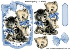 Vintage Kittens with Blue Bows on a Frame with Lace