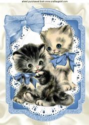 Vintage Kittens with Blue Bow on Lace A4