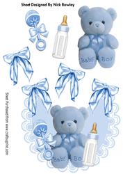 Little Blue Teddy with Bottle and Rattle on Frilly Bib