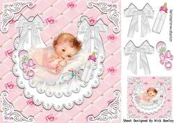 Baby Girl on Pearl and White Lace Bib with White Bows 8x8
