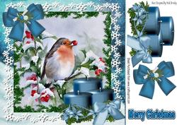Cute Robin in the Snow with Blue Candles 8x8