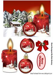 Lovely Snow Scene with Cottage, Red Candle and Bauble