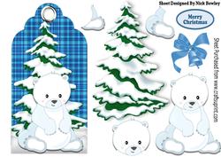 White Polar Bear and Snow Tree on Blue Tartan Tag