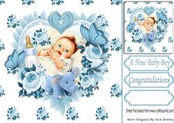 Our Darling Baby Boy, on Frill Heart with Blue Roses 8x8