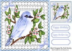 Pretty Blue Birds with Flowers with Bows on Lace 8x8