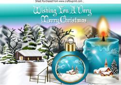 Lovely Snow Scene with Cottage, Turq Candle and Bauble A4