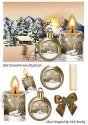 Lovely Snow Scene with Cottage, Beige Candle and Bauble