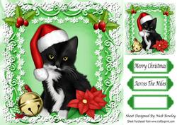 Cute Black Kitty in Santa Hat with Bell 8x8